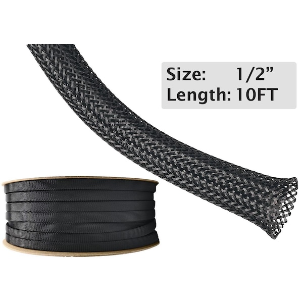 Electriduct Braided Cable Sleeve, 1/2 in Inside Dia., 0.94 in Max Bundle Dia., 10 ft, Black BS-XO-050-10-BK - main
